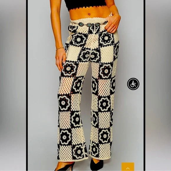 12. NWOT POL Stylish Black and Cream Crochet Pants - Picture 4 of 7